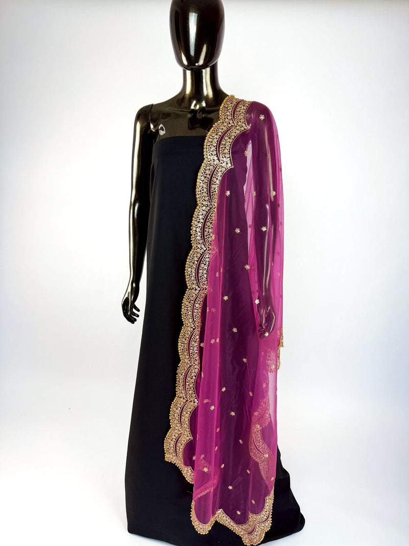 China Rose Color Net Dupatta with Gold Zari, Sequin and Beads | Lavender Wedding Dupatta | Sequin Dupattas | Indian Dupatta for Lehanga