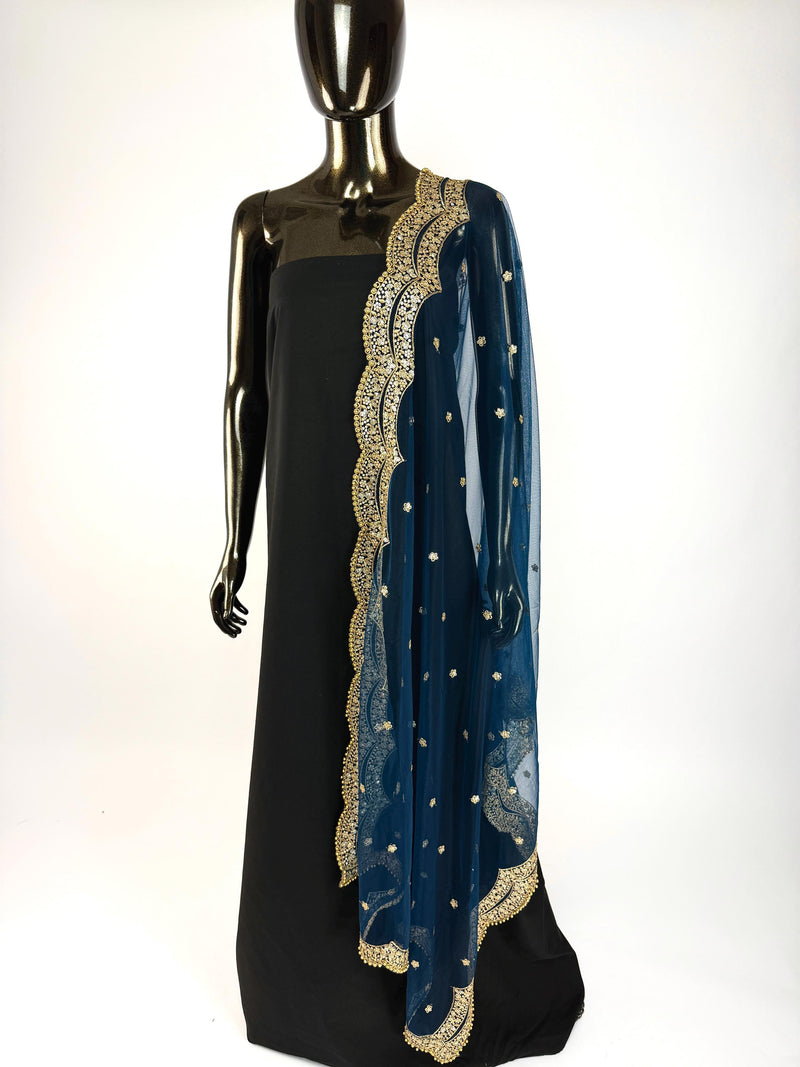 Teal Blue Color Net Dupatta with Gold Zari, Sequin and Bead  | Sequin Dupatta | Indian Dupatta for Lehanga | Weddding, Party Wear Dupatta