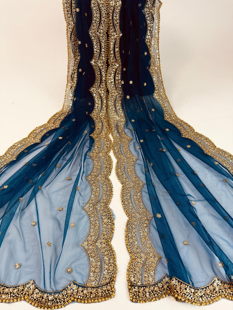 Teal Blue Color Net Dupatta with Gold Zari, Sequin and Bead  | Sequin Dupatta | Indian Dupatta for Lehanga | Weddding, Party Wear Dupatta