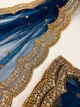 Teal Blue Color Net Dupatta with Gold Zari, Sequin and Bead  | Sequin Dupatta | Indian Dupatta for Lehanga | Weddding, Party Wear Dupatta