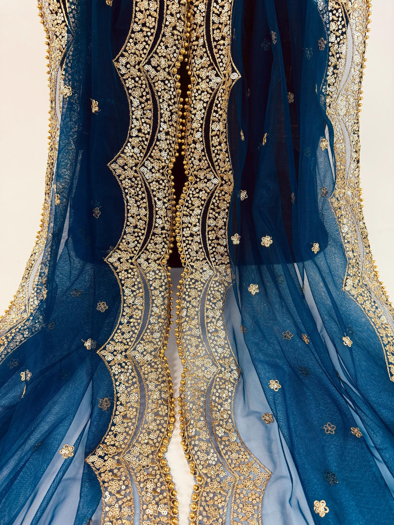 Teal Blue Color Net Dupatta with Gold Zari, Sequin and Bead  | Sequin Dupatta | Indian Dupatta for Lehanga | Weddding, Party Wear Dupatta