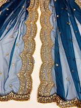 Teal Blue Color Net Dupatta with Gold Zari, Sequin and Bead  | Sequin Dupatta | Indian Dupatta for Lehanga | Weddding, Party Wear Dupatta