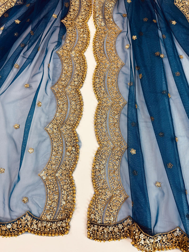 Teal Blue Color Net Dupatta with Gold Zari, Sequin and Bead  | Sequin Dupatta | Indian Dupatta for Lehanga | Weddding, Party Wear Dupatta