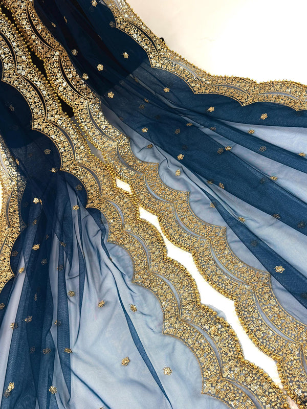 Teal Blue Color Net Dupatta with Gold Zari, Sequin and Bead  | Sequin Dupatta | Indian Dupatta for Lehanga | Weddding, Party Wear Dupatta