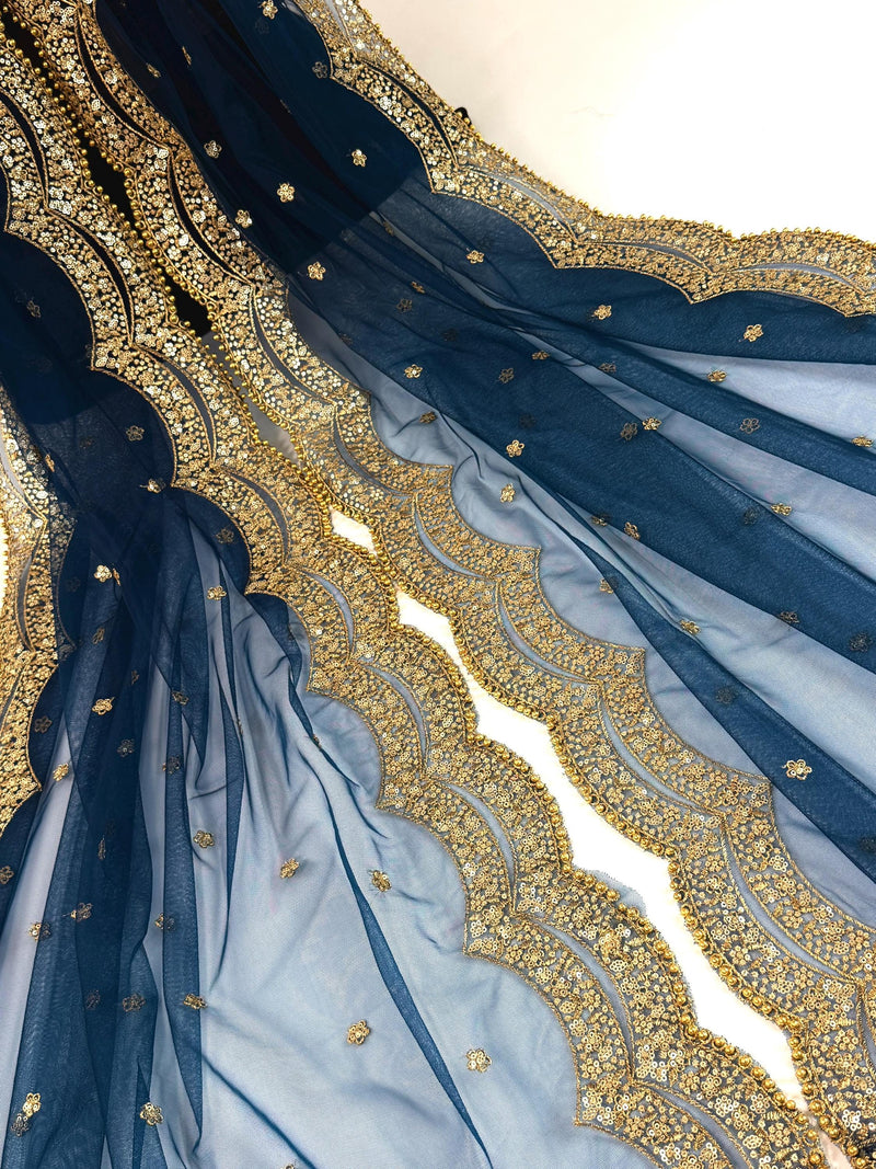 Teal Blue Color Net Dupatta with Gold Zari, Sequin and Bead  | Sequin Dupatta | Indian Dupatta for Lehanga | Weddding, Party Wear Dupatta