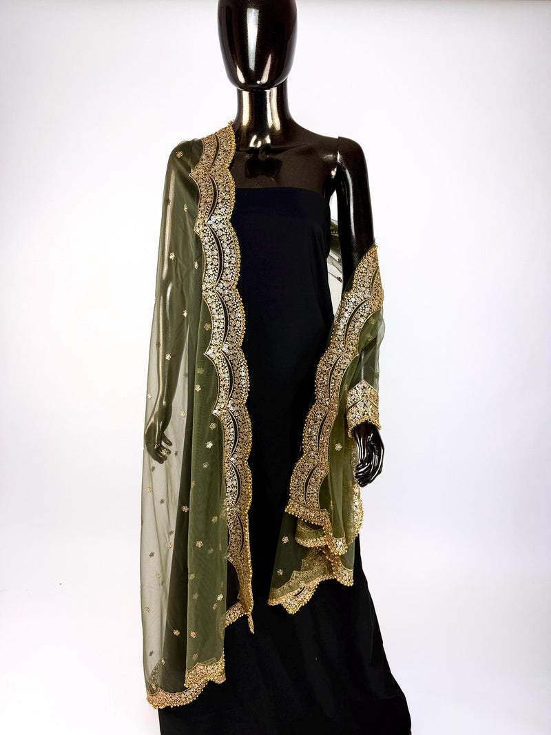 Mehandi Green Color Net Dupatta with Gold Zari, Sequin and Bead | Sequin Dupatta | Indian Dupatta for Lehanga | Weddding, Party Wear Dupatta
