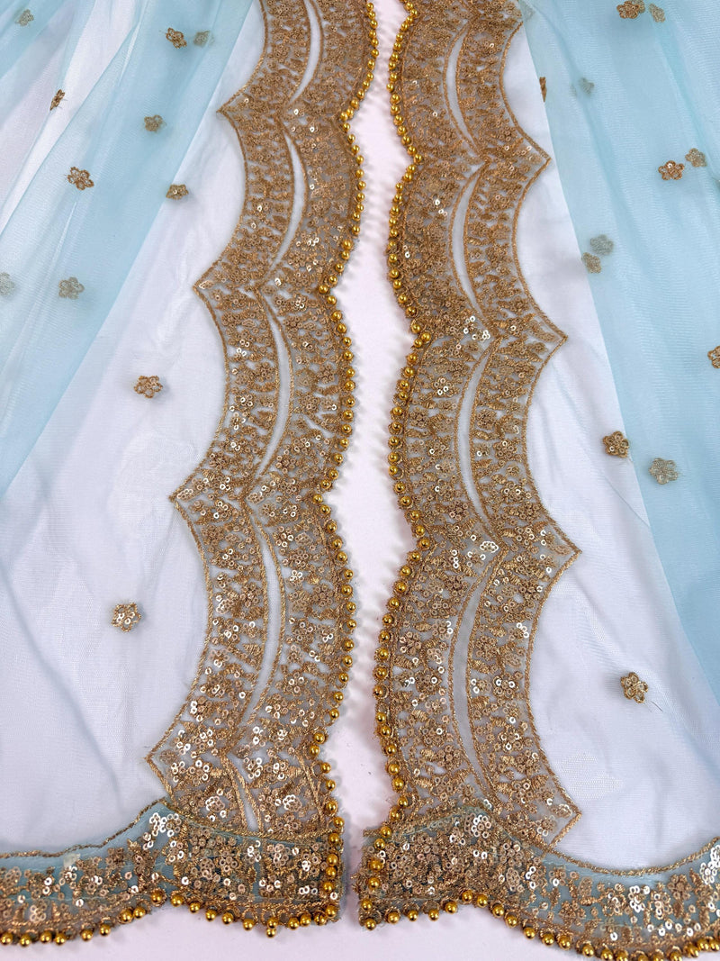Aqua Blue Color Net Dupatta with Gold Zari, Sequin and Bead | Sequin Dupatta | Indian Dupatta for Lehanga | Weddding, Party Wear Dupatta