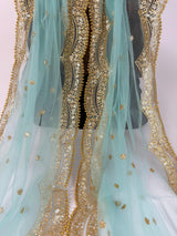 Aqua Blue Color Net Dupatta with Gold Zari, Sequin and Bead | Sequin Dupatta | Indian Dupatta for Lehanga | Weddding, Party Wear Dupatta