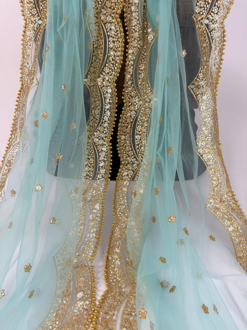 Aqua Blue Color Net Dupatta with Gold Zari, Sequin and Bead | Sequin Dupatta | Indian Dupatta for Lehanga | Weddding, Party Wear Dupatta