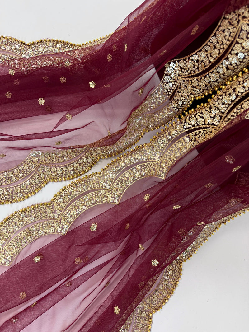 Deep Maroon Color Net Dupatta with Zari, Sequin and Beads | Sequin Dupatta | Sequin Dupattas | Indian Dupatta for Lehanga