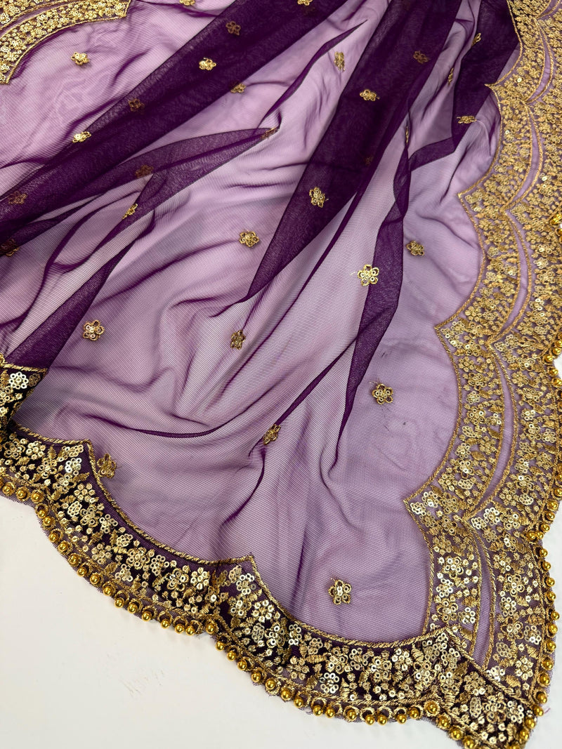 Purple Color Net Dupatta with Zari, Sequin and Beads | Purple Net Dupatta | Sequin Dupatta | Sequin Dupattas | Indian Dupatta for Lehanga