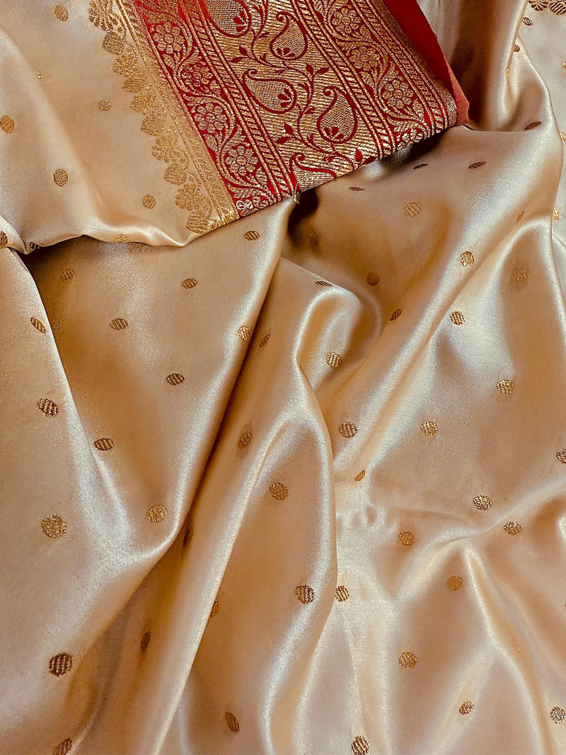 Statement  Cream & Red Banarasi Satin Silk Saree |Soft Satin Silk with rich Banarasi weave | Perfect for weddings, giftingand Durga Pujo