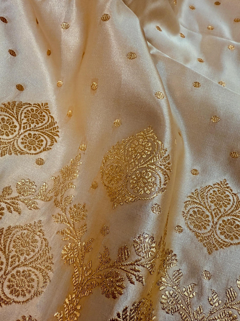 Statement  Cream & Red Banarasi Satin Silk Saree |Soft Satin Silk with rich Banarasi weave | Perfect for weddings, giftingand Durga Pujo