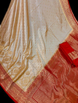 Statement  Cream & Red Banarasi Satin Silk Saree |Soft Satin Silk with rich Banarasi weave | Perfect for weddings, giftingand Durga Pujo