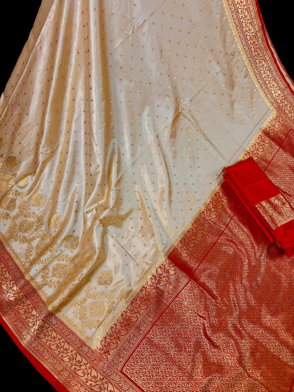 Statement  Cream & Red Banarasi Satin Silk Saree |Soft Satin Silk with rich Banarasi weave | Perfect for weddings, giftingand Durga Pujo