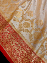 Statement  Cream & Red Banarasi Satin Silk Saree |Soft Satin Silk with rich Banarasi weave | Perfect for weddings, giftingand Durga Pujo