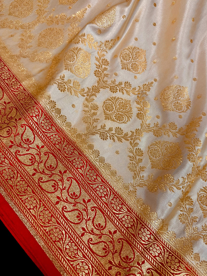 Statement  Cream & Red Banarasi Satin Silk Saree |Soft Satin Silk with rich Banarasi weave | Perfect for weddings, giftingand Durga Pujo
