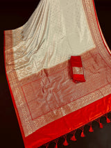 Statement  Cream & Red Banarasi Satin Silk Saree |Soft Satin Silk with rich Banarasi weave | Perfect for weddings, giftingand Durga Pujo