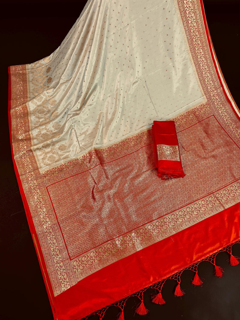 Statement  Cream & Red Banarasi Satin Silk Saree |Soft Satin Silk with rich Banarasi weave | Perfect for weddings, giftingand Durga Pujo