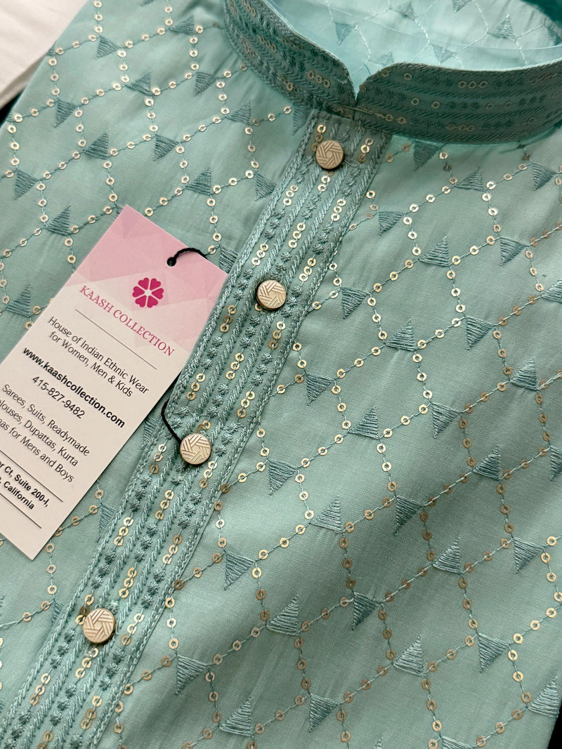 Pastel Sea Green Designer Kurta with Emberiodery and Sequins | Pastel Color Mens Kurta | Wedding and Party Wear Kurta