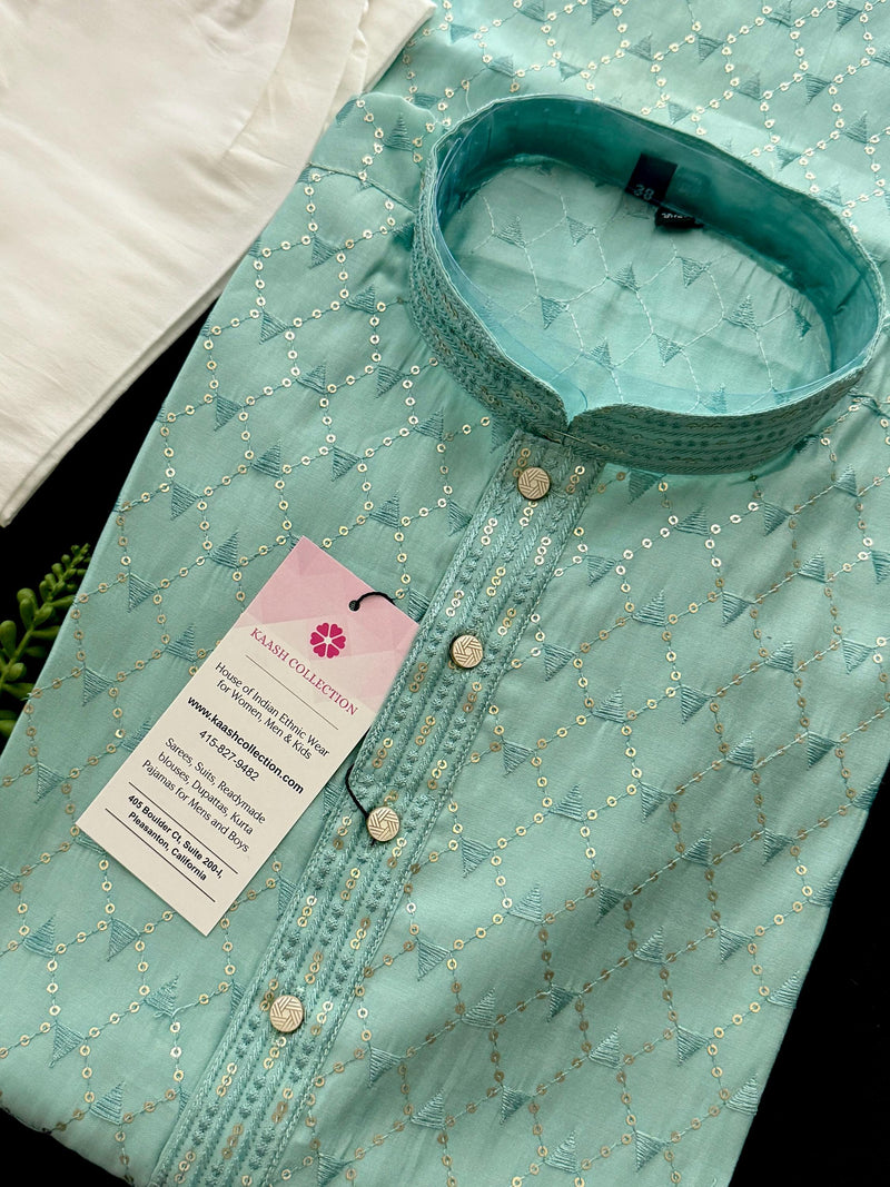 Pastel Sea Green Designer Kurta with Emberiodery and Sequins | Pastel Color Mens Kurta | Wedding and Party Wear Kurta