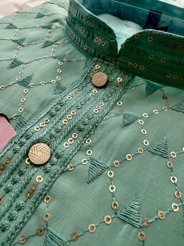 Pastel Sea Green Designer Kurta with Emberiodery and Sequins | Pastel Color Mens Kurta | Wedding and Party Wear Kurta