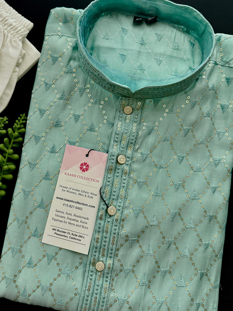 Pastel Sea Green Designer Kurta with Emberiodery and Sequins | Pastel Color Mens Kurta | Wedding and Party Wear Kurta
