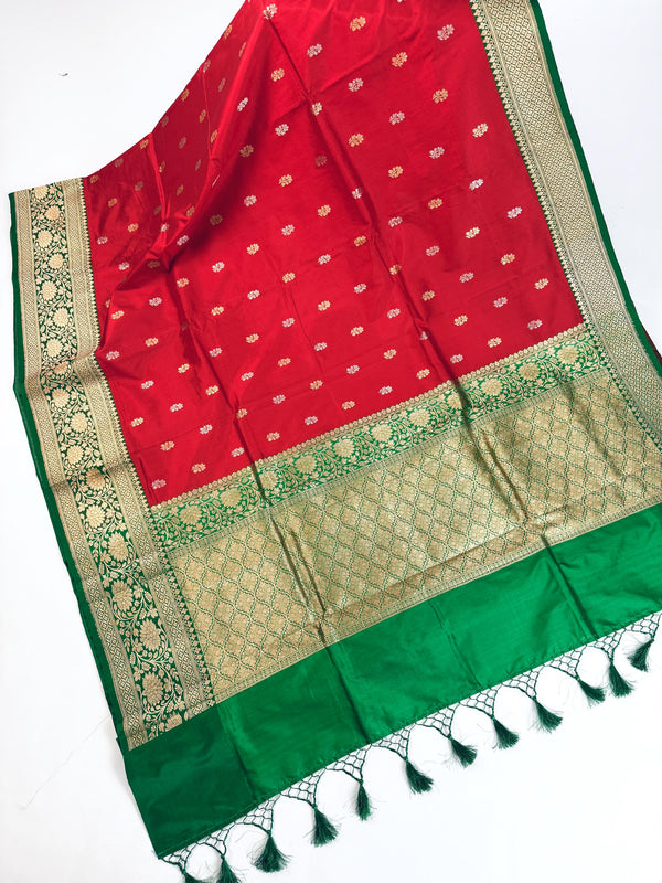 Red Color Pure Katan Silk Saree with Green Color Border and Pallu