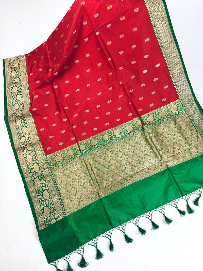 Red Color Pure Katan Silk Saree with Green Color Border and Pallu
