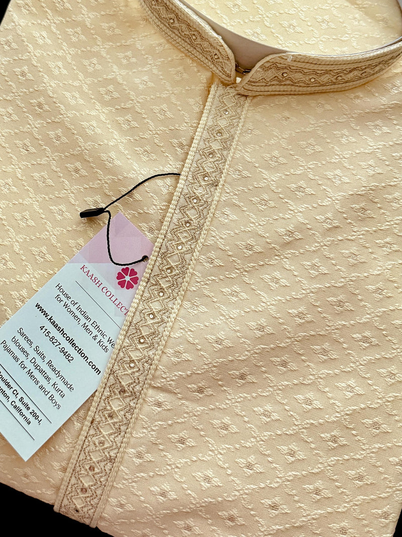 Cream Color Soft Silk Self Embeeriodery Men Kurta Pajama with Self Design material with small Zari Weave butti | Mens Ethnic Wear