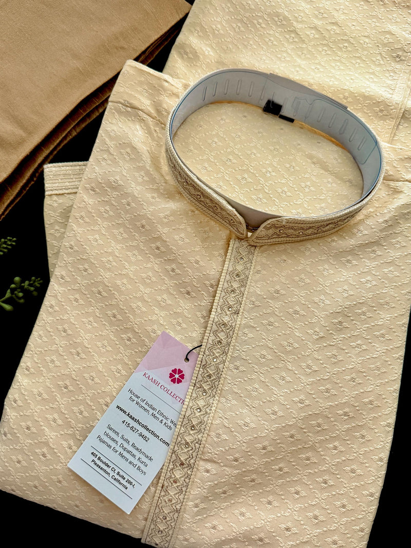 Cream Color Soft Silk Self Embeeriodery Men Kurta Pajama with Self Design material with small Zari Weave butti | Mens Ethnic Wear