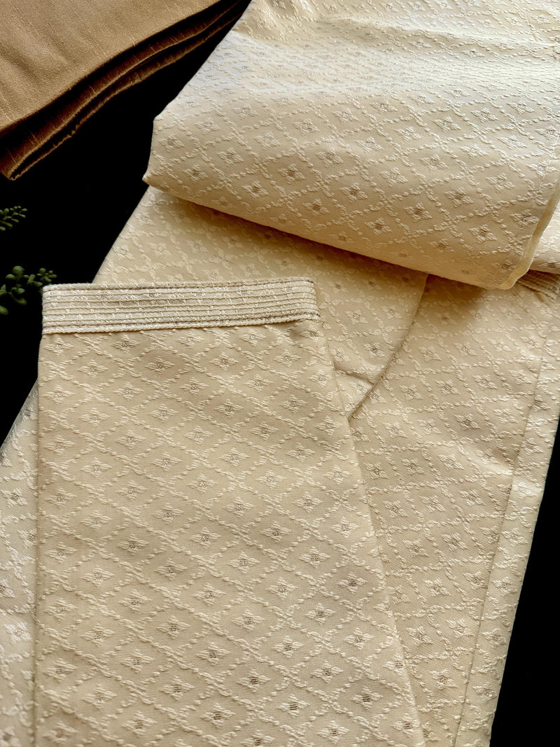 Cream Color Soft Silk Self Embeeriodery Men Kurta Pajama with Self Design material with small Zari Weave butti | Mens Ethnic Wear