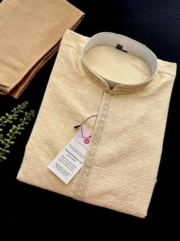 Cream Color Soft Silk Self Embeeriodery Men Kurta Pajama with Self Design material with small Zari Weave butti | Mens Ethnic Wear
