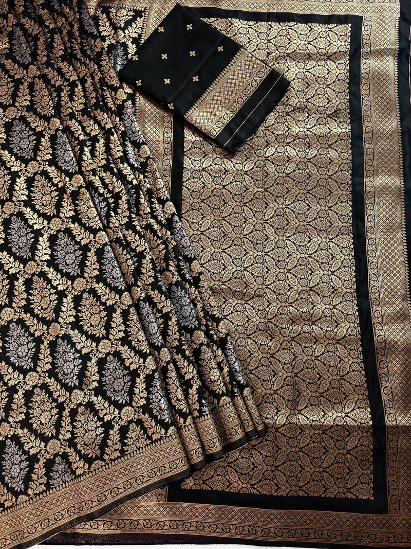 Statement Black Banarasi Silk Saree with Muted Copper & Silver Zari Jaal Buttas | Black Color Party Wear Sarees | Ships from California