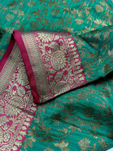 Peacock Green Semi-Tussar Silk Saree With Antique Zari Jaal Weave | Tussar Silk Sarees | Ships from California