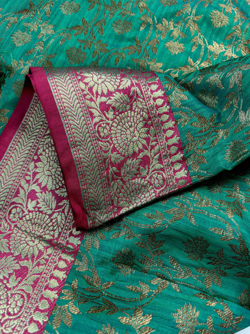 Peacock Green Semi-Tussar Silk Saree With Antique Zari Jaal Weave | Tussar Silk Sarees | Ships from California