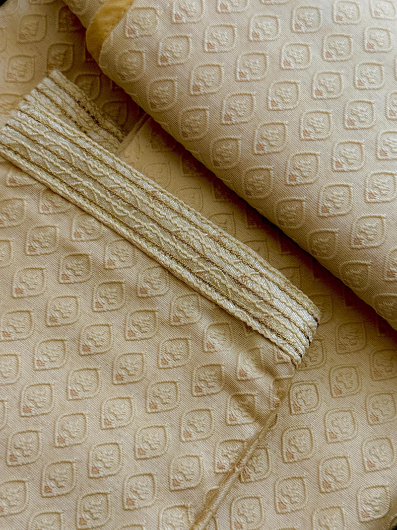 Silk Cream Gold Men Kurta Pajama with Embossed Weave Work | Mens Ethnic Wear | Indian Men Clothing USA | Wedding Wear Kurtas | Kurta Pajama