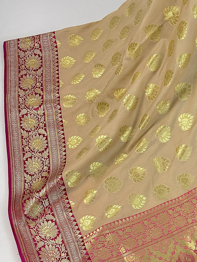 Biscuit Color Traditional Banarasi Silk Saree with Hot Pink Color Combination | Muted Gold Zari Weave