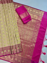 Biscuit Color Traditional Banarasi Silk Saree with Hot Pink Color Combination | Muted Gold Zari Weave