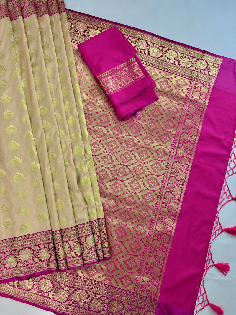 Biscuit Color Traditional Banarasi Silk Saree with Hot Pink Color Combination | Muted Gold Zari Weave