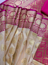 Biscuit Color Traditional Banarasi Silk Saree with Hot Pink Color Combination | Muted Gold Zari Weave