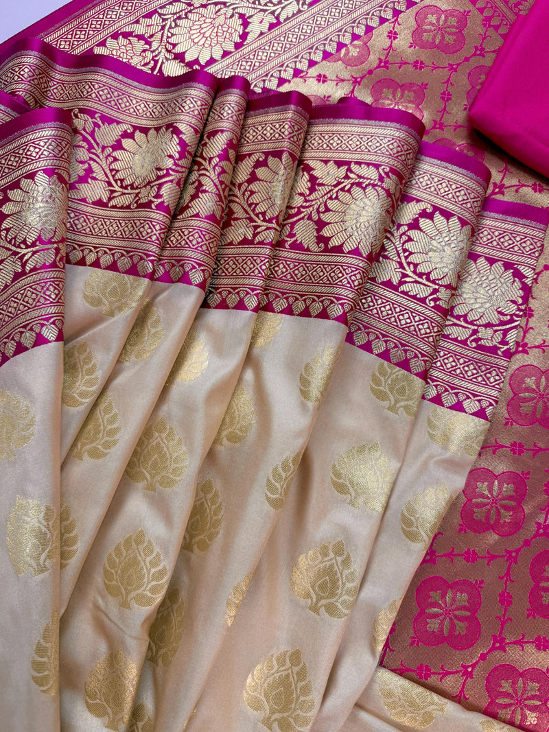 Biscuit Color Traditional Banarasi Silk Saree with Hot Pink Color Combination | Muted Gold Zari Weave