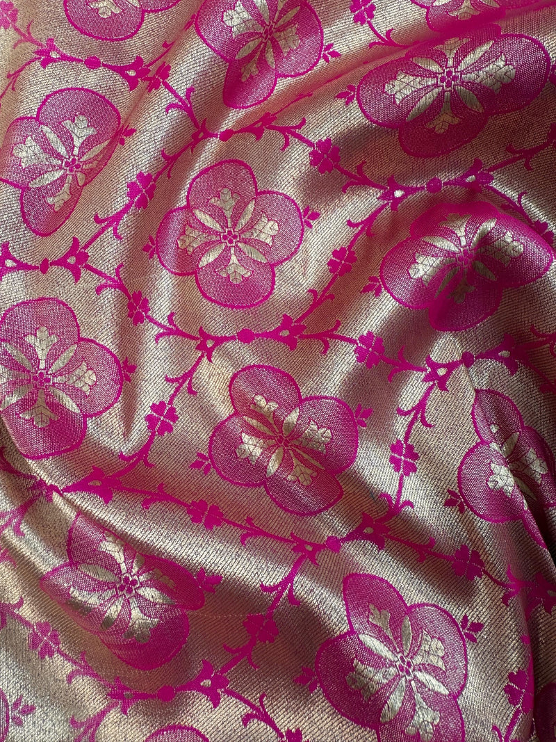 Biscuit Color Traditional Banarasi Silk Saree with Hot Pink Color Combination | Muted Gold Zari Weave