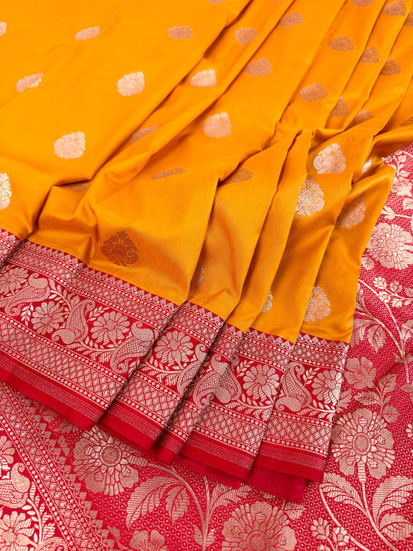 Mango Yellow Color with Deep Red Color Saree in Pure Katan Silk Saree | Pure Silk Sarees | SILK MARK CERTIFIED