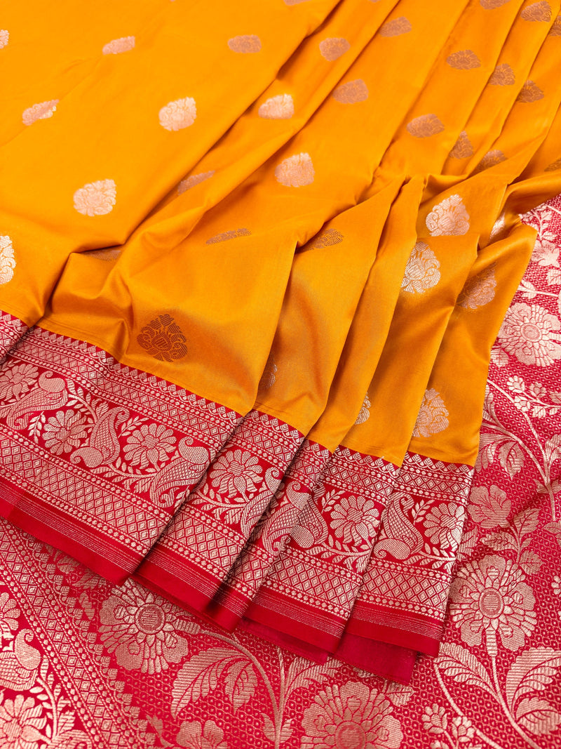 Mango Yellow Color with Deep Red Color Saree in Pure Katan Silk Saree | Pure Silk Sarees | SILK MARK CERTIFIED