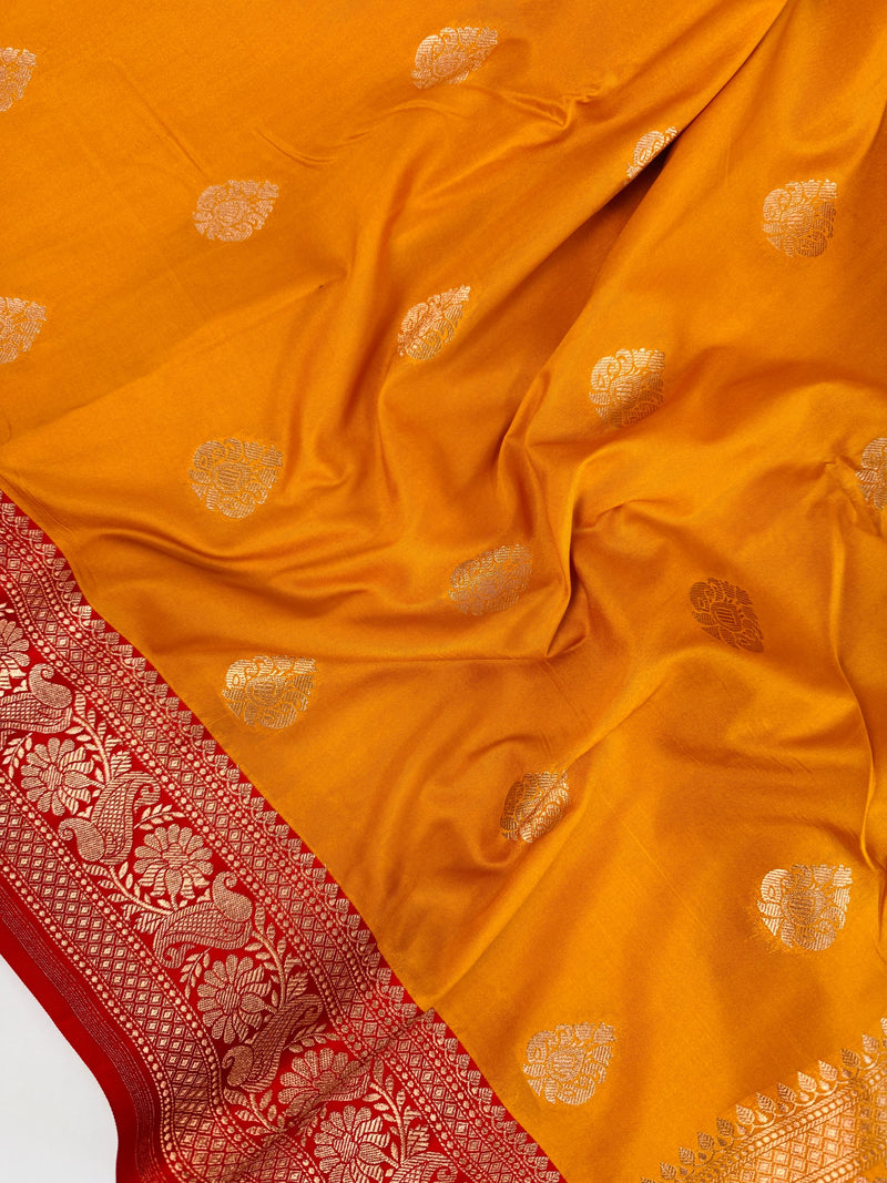 Mango Yellow Color with Deep Red Color Saree in Pure Katan Silk Saree | Pure Silk Sarees | SILK MARK CERTIFIED