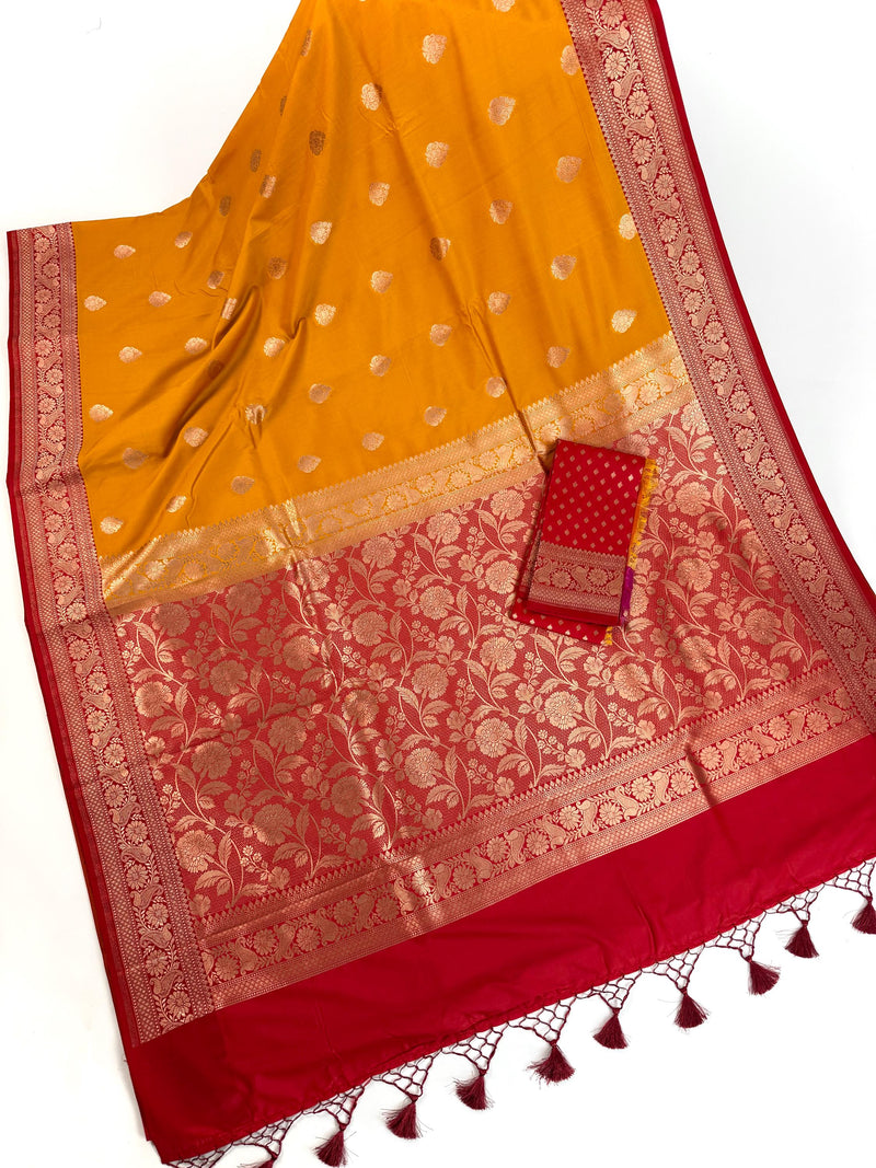 Mango Yellow Color with Deep Red Color Saree in Pure Katan Silk Saree | Pure Silk Sarees | SILK MARK CERTIFIED