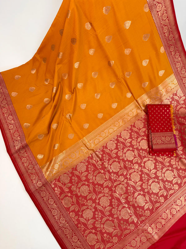 Mango Yellow Color with Deep Red Color Saree in Pure Katan Silk Saree | Pure Silk Sarees | SILK MARK CERTIFIED