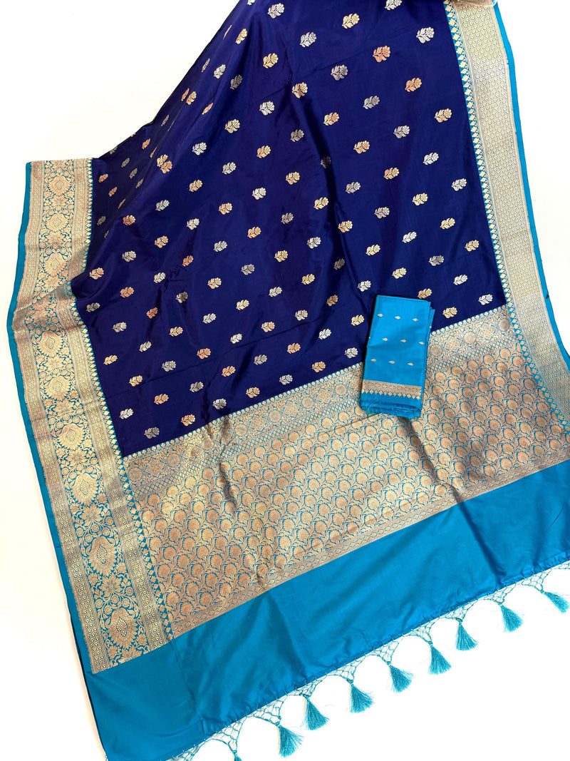Blue Pure Katan Silk Saree with Sky Blue Color Border and Pallu | Pure Silk Sarees | SILK MARK CERTIFIED