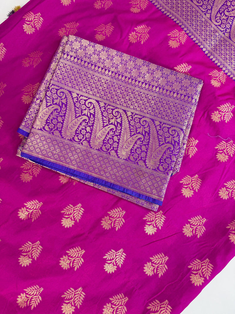 Purple Pink Silk Cotton Saree  | Soft Cotton Silk Sarees | Purple and Blue wide Border with Ambi Patterns
